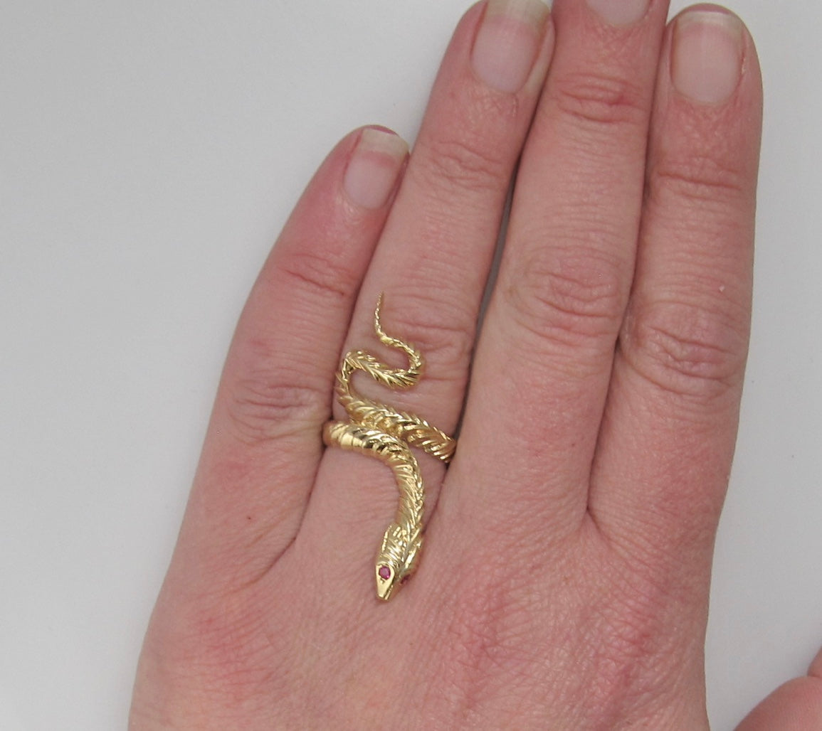 Long vintage snake ring with ruby eyes