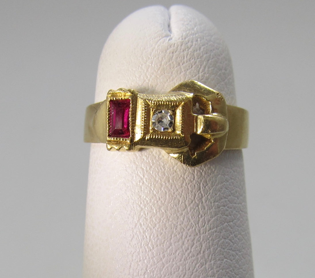 Vintage retro ruby and diamond buckle ring