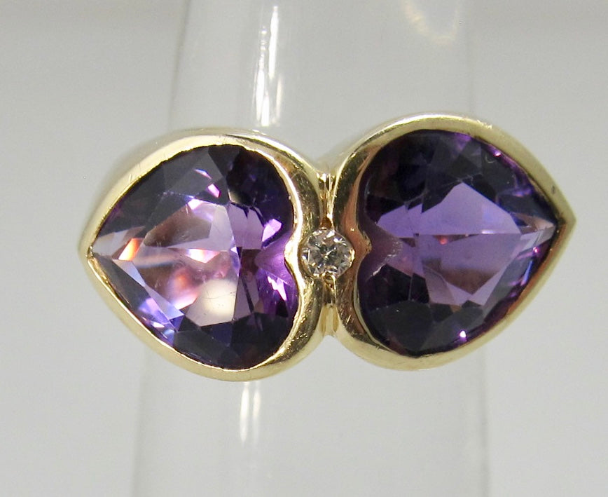 14k yellow gold double amethyst heart ring