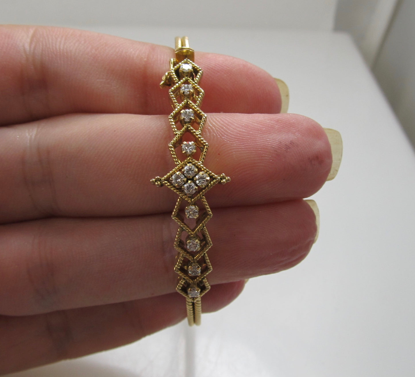 Handmade yellow gold diamond bangle bracelet