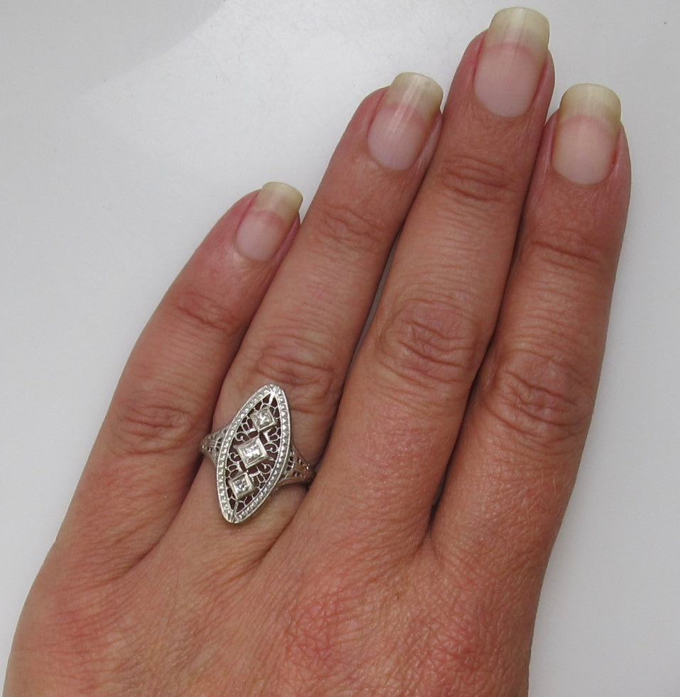 Antique long filigree diamond ring