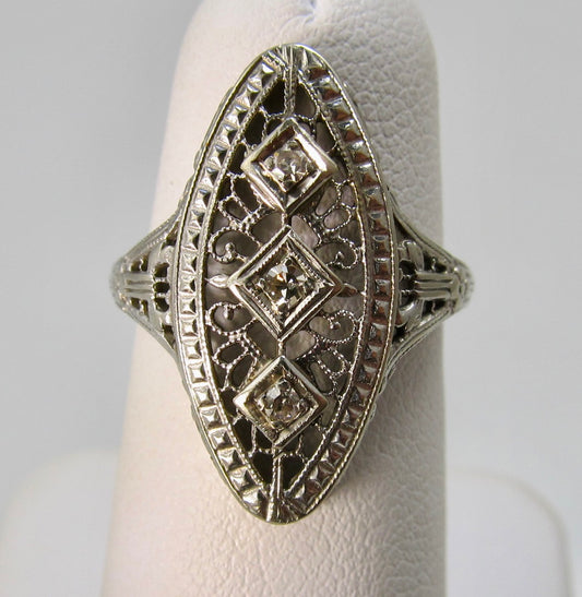 Antique long filigree diamond ring