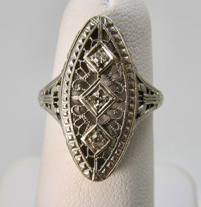 Antique long filigree diamond ring