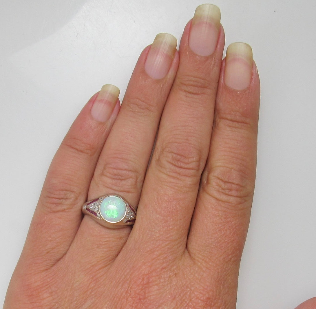 Vintage platinum opal, ruby and diamond ring