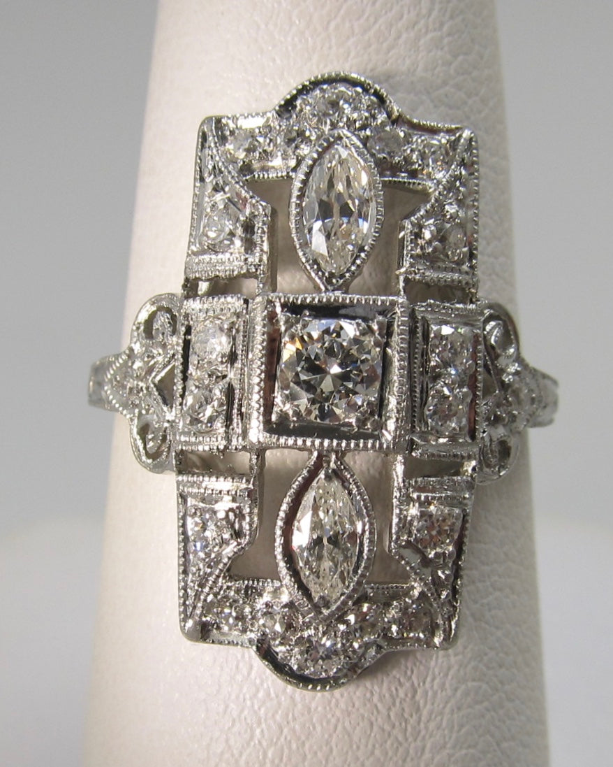 Long antique 1ct diamond platinum ring