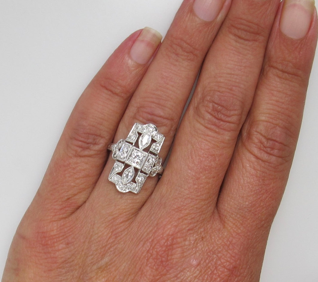 Long antique 1ct diamond platinum ring