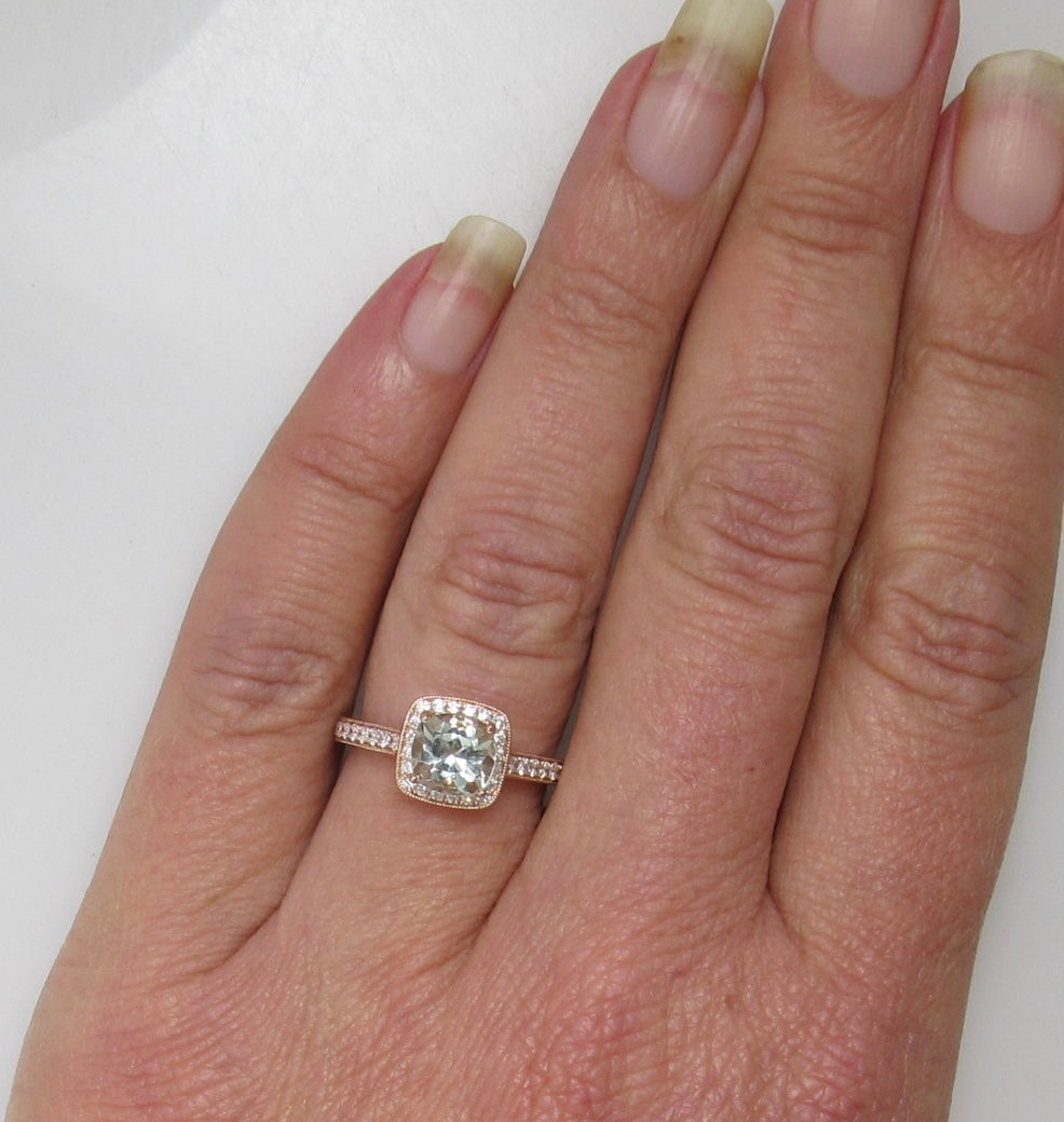Gabriel & Co rose gold aquamarine diamond ring