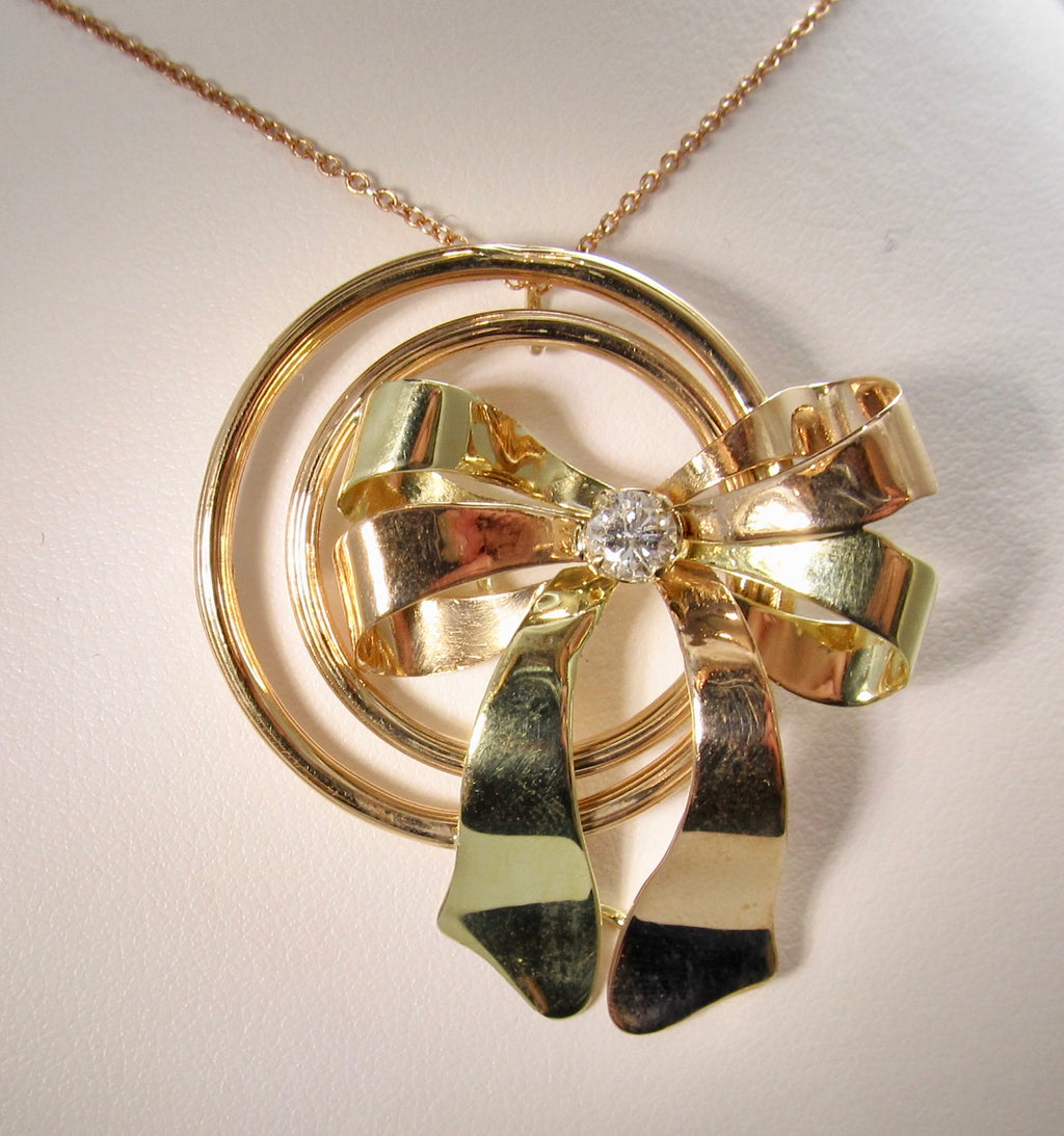Retro rose gold diamond bow necklace