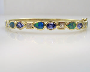 Tanzanite, opal and diamond bangle bracelet